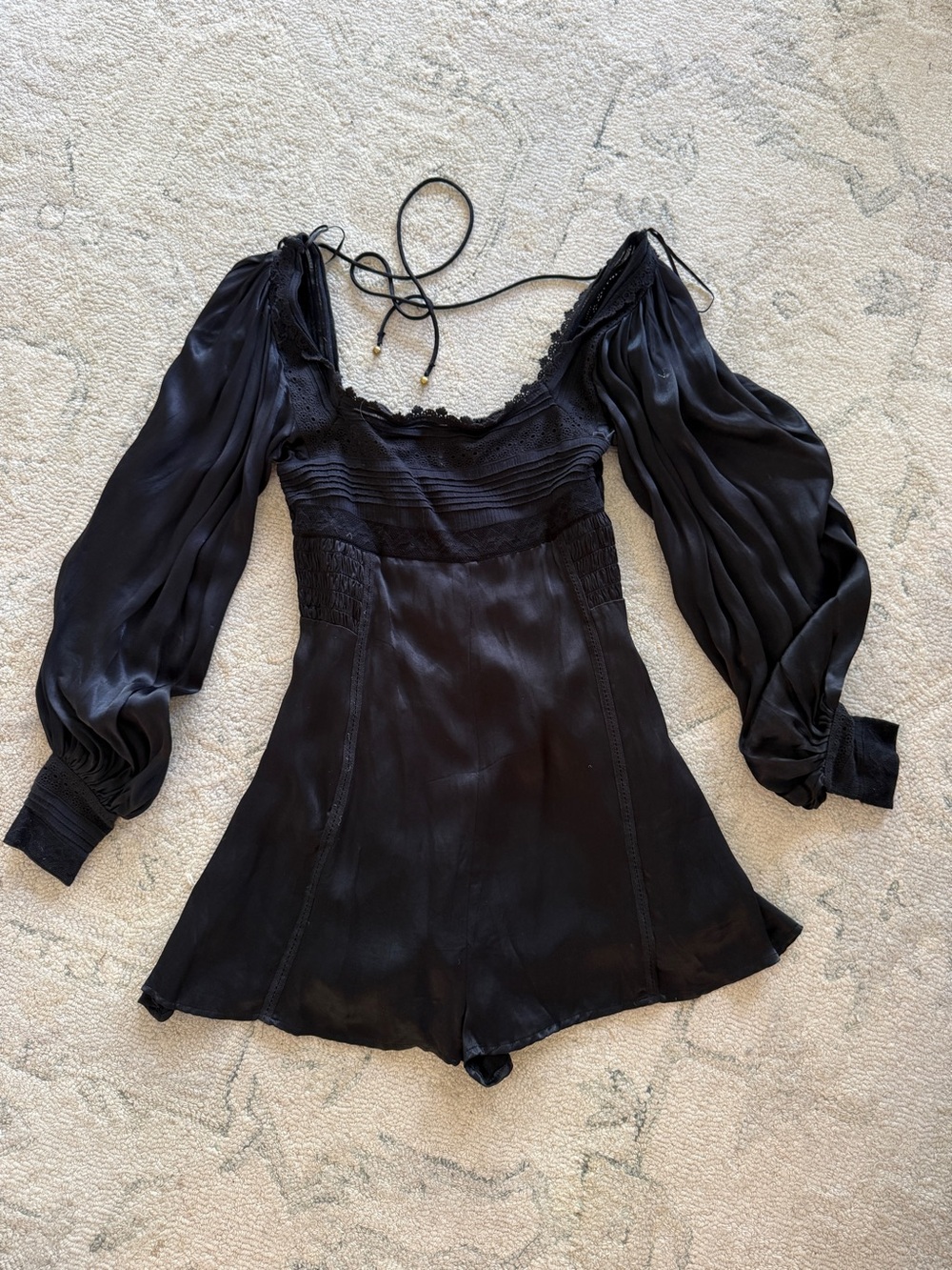 Free People Black Satin Long-Sleeve Romper with Lace Trim